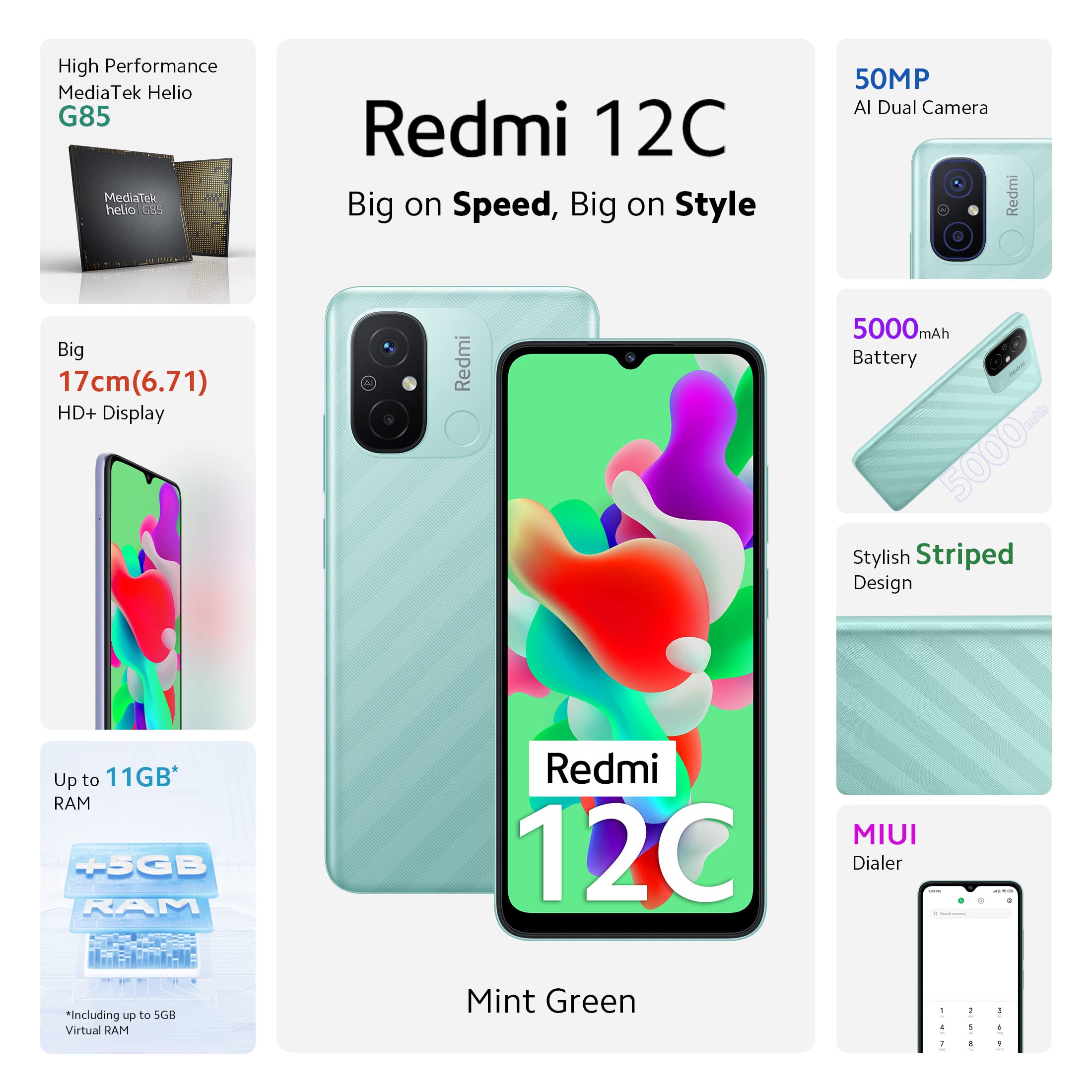 Xiaomi Redmi12C 4GB＋128GB Redmi 12C (Mint Green, 4GB RAM, 64GB Storage) | High